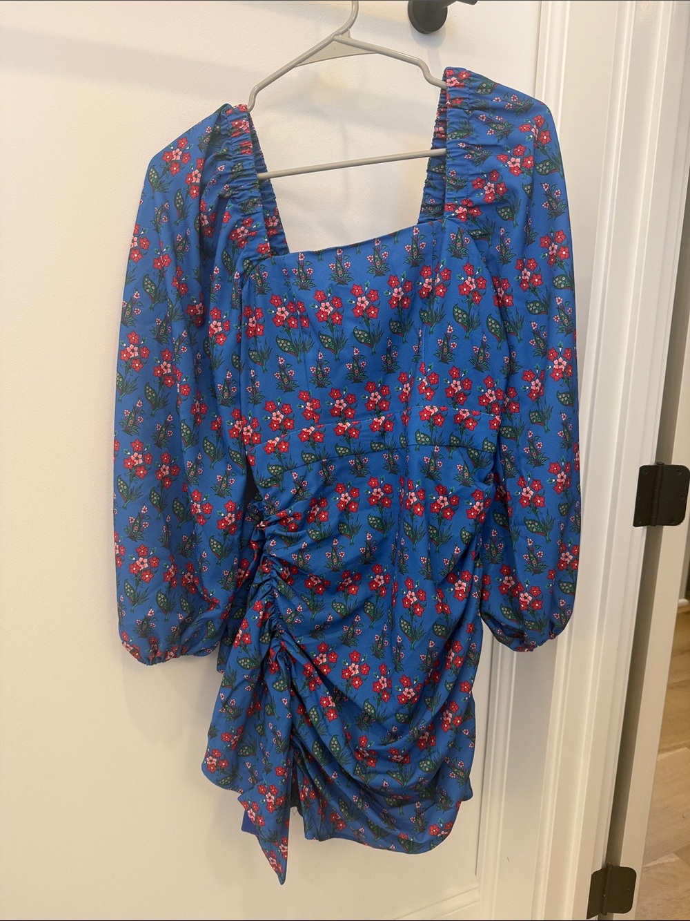 RHODE Mina Blue Floral Square-Neck Puff Sleeve Mini Dress
